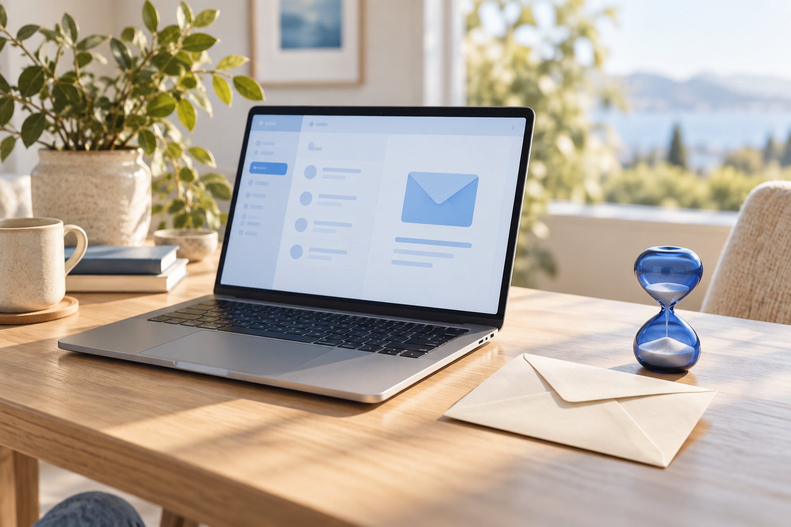 A sunlit desk with a laptop, envelope and blue hourglass
